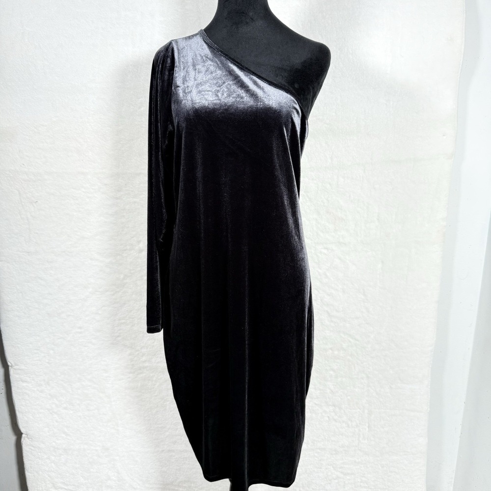 Women's Old Navy Fitted One-Shoulder Velour Dress 2x Black Whimsy Goth Witchy